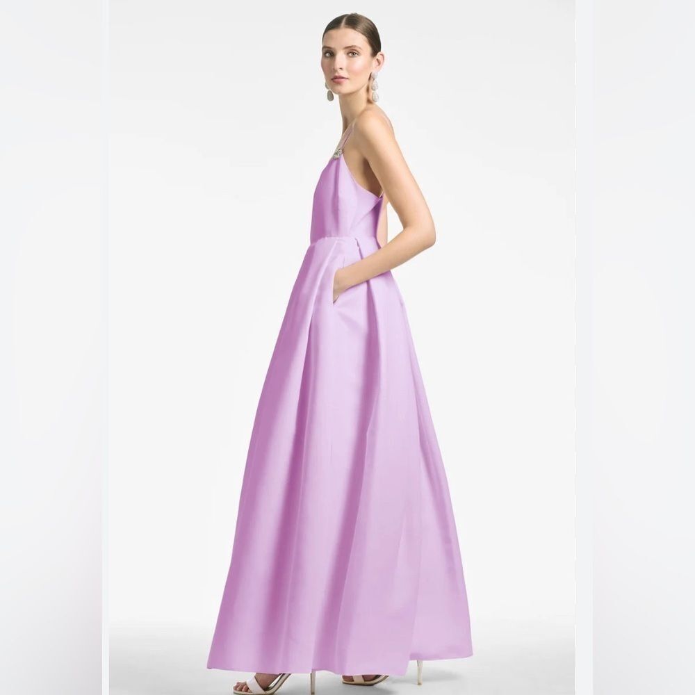 Sachin & Babi Gwen Pleated Embellished A-Line Lilac Gown with crystal broaches